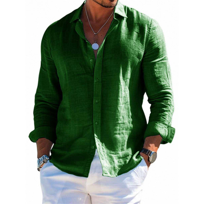 Men's Long Sleeve Casual Loose Lapel Button Shirt - Solid Color Plus Size Top