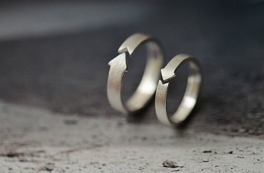 Sterling Silver Arrow Couple Ring - Brushed Finish Adjustable Band Set