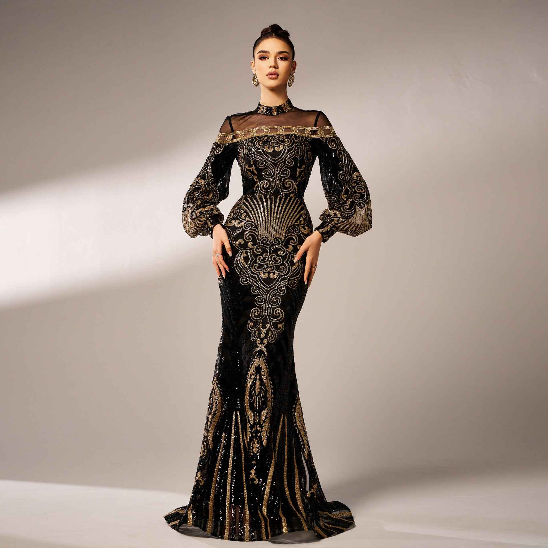 Long Sleeve Round Neck Sequins Mesh Fishtail Evening Dress
