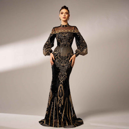Long Sleeve Round Neck Sequins Mesh Fishtail Evening Dress