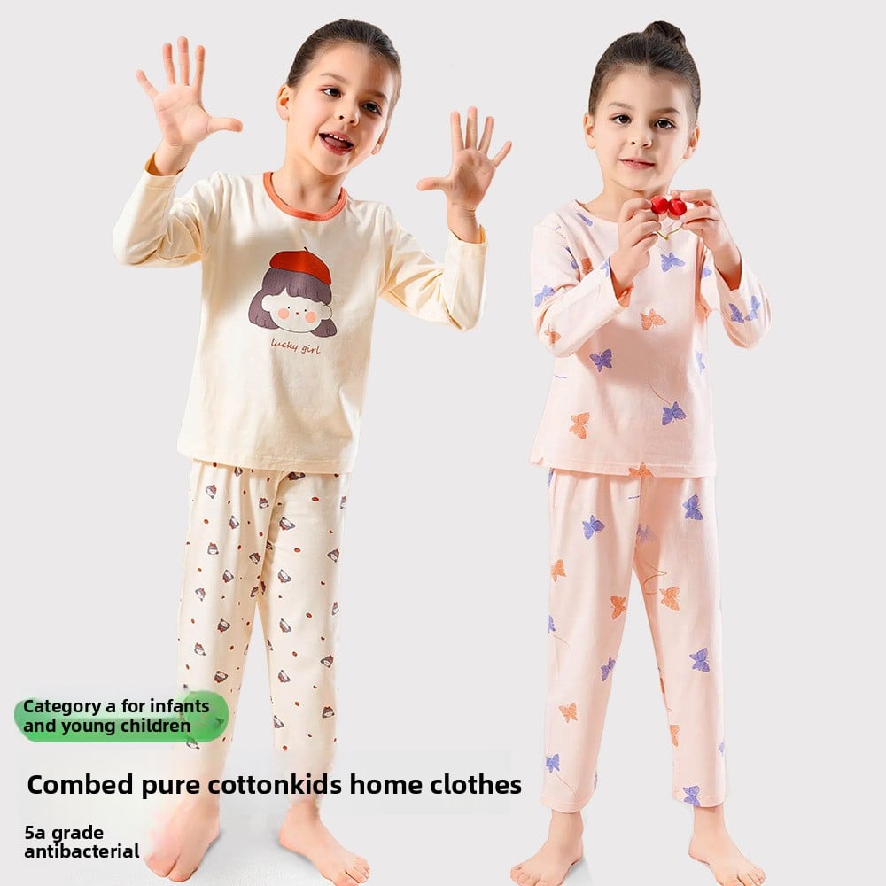 Children's Cotton Pajamas Set - Antibacterial Long Sleeve Sleepwear