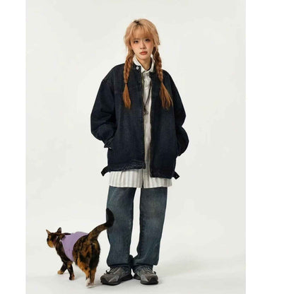 Women's Denim Jacket Spring And Autumn Style Washed Distressed Stand-collar Workwear