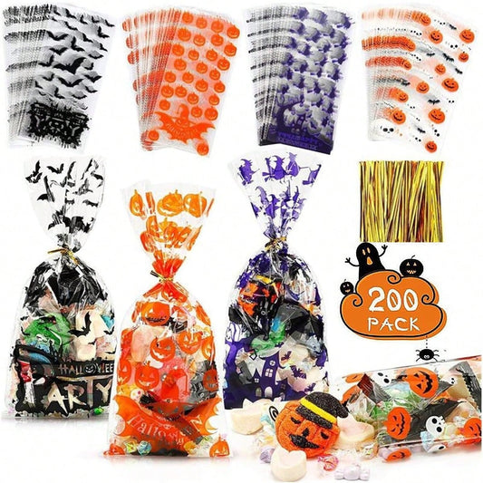 Halloween Gift Wrapping Bags - 200 Pcs Cellophane Treat Bags with Twist Ties