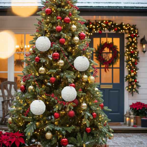 6PCS Cream Ruffle Christmas Ball Ornaments - White Polyester Hanging Tree Decorations (4 inch) - DropOnline.co