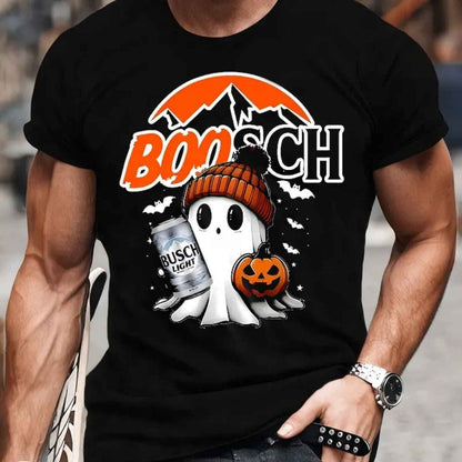 Halloween Boosch Printed Casual T-shirt, Men's Halloween Ghost Pumpkin T-shirt,