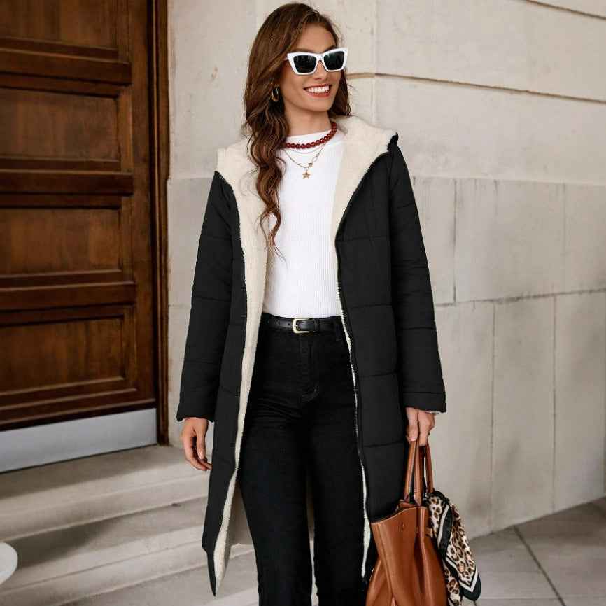 Solid Color Hooded Long Zip-up Cotton Coat