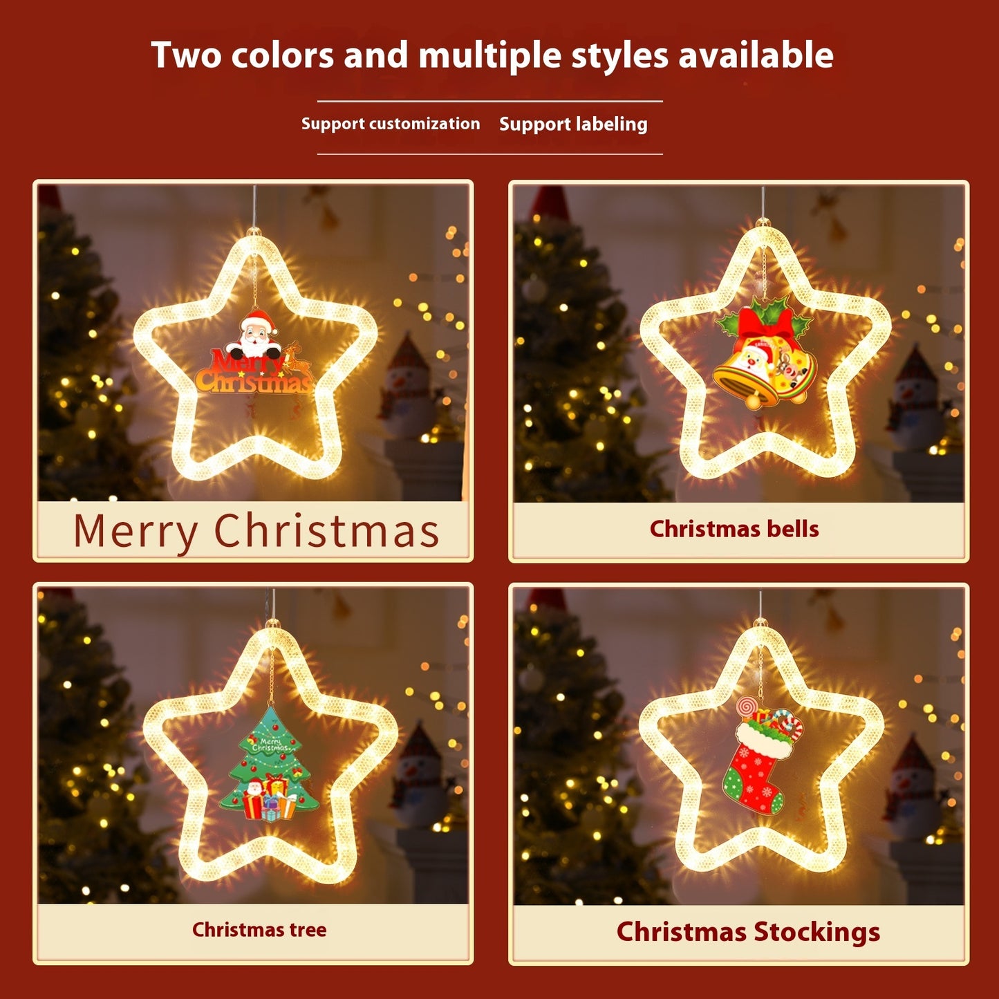 Christmas LED Star Pendant Light - Battery Powered Window Door Decoration with Adhesive