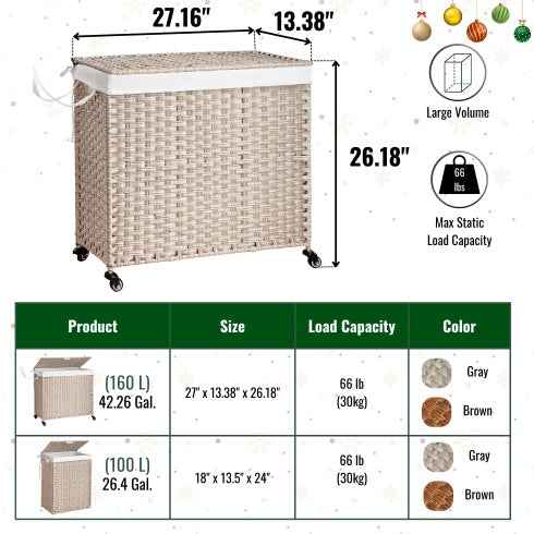 Laundry Hamper with Lid - PE Rattan 160L with Removable Bags & Wheels, Gray - DropOnline.co