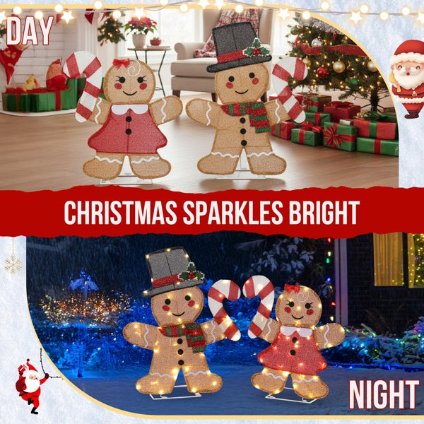 Set of 2 Lighted Gingerbread Man & Candy Cane - 80 LED Christmas Decorations
