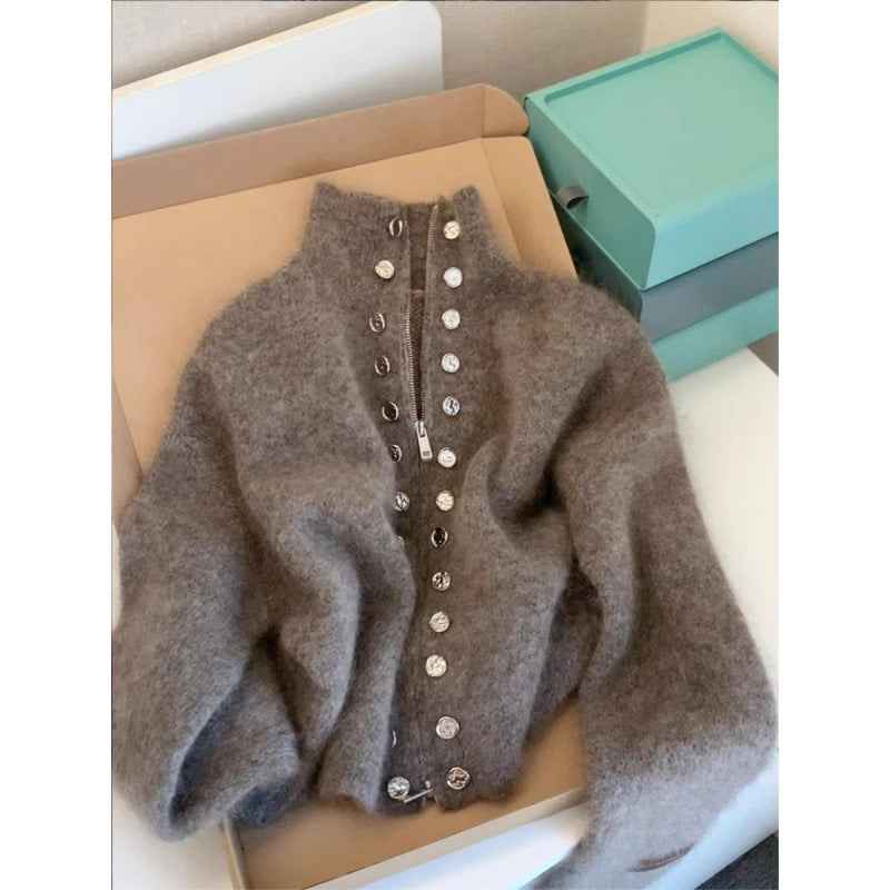 Thickened Lazy Zipper Collar Sweater Coat For Women