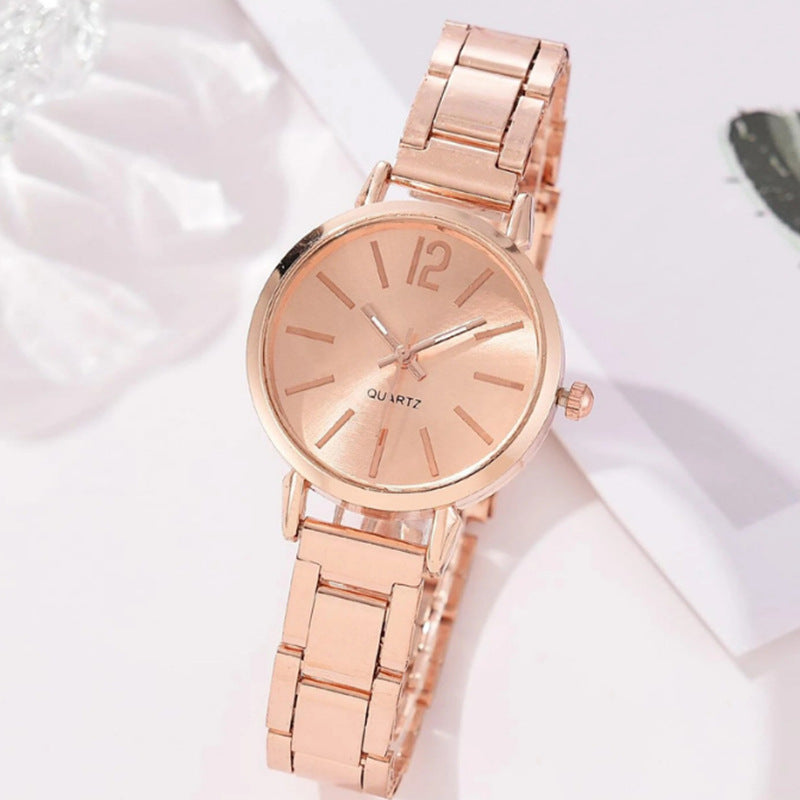 Gold Steel Band Quartz Watch - Elegant Bracelet Timepiece