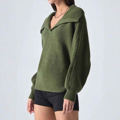 Elegant Polo Collar Solid Color Long Sleeve Knitted Pullover Sweater