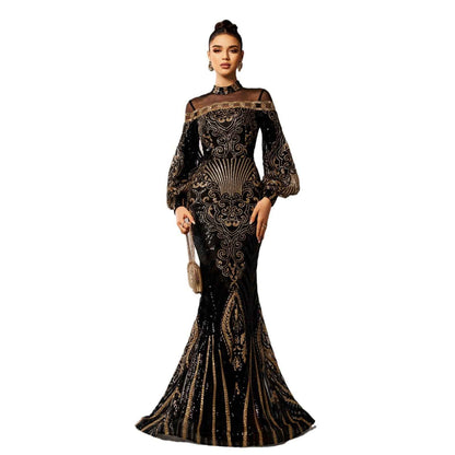 Long Sleeve Round Neck Sequins Mesh Fishtail Evening Dress
