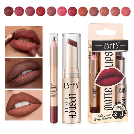 Long-Lasting Matte Lipstick & Lip Liner Set - Waterproof Non-Transfer 12 Color Collection