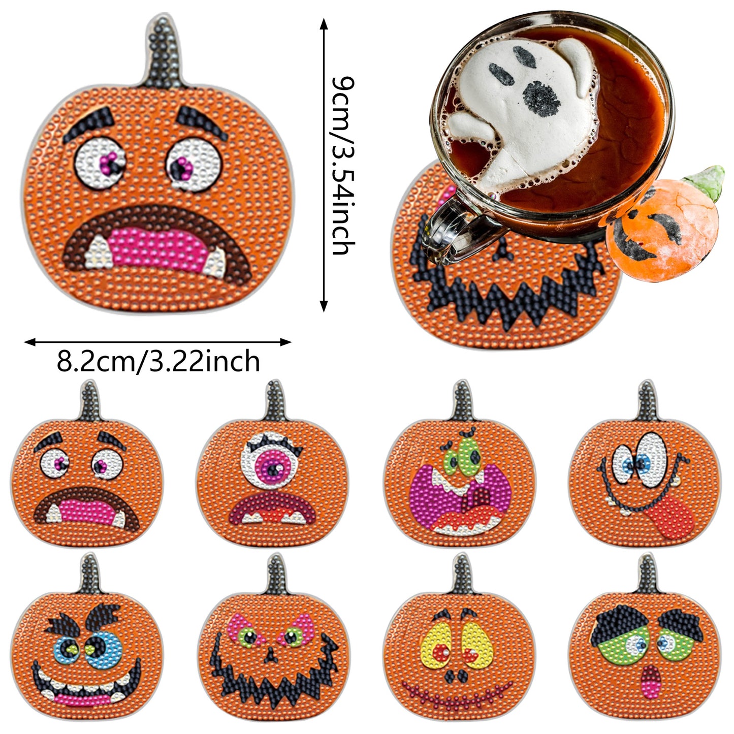 Halloween Rhinestone Art Coasters - 8 Pack Decorative Drink Coasters