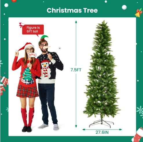 Pencil Christmas Tree, Prelighted Artificial Slim Christmas Trees With 250 Incandescent Lights, 571 Branch Tips & Foldable Base