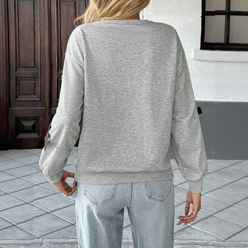 Bow Decoration Gray Round-collar Sweater For Women