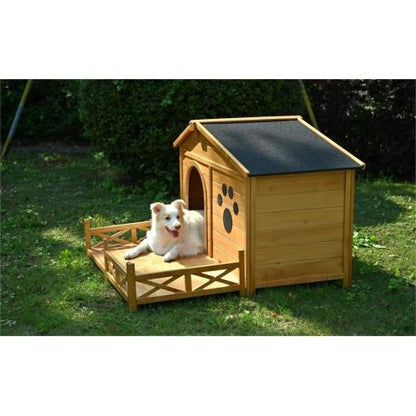 48 Wooden Dog House Outdoor With Porch, Dog Kennel With Water-Resistant Asphalt Roof And Fencing,Indoor & Outdoor Dog Crate With Paw Print, Medium, Nature - DropOnline.co