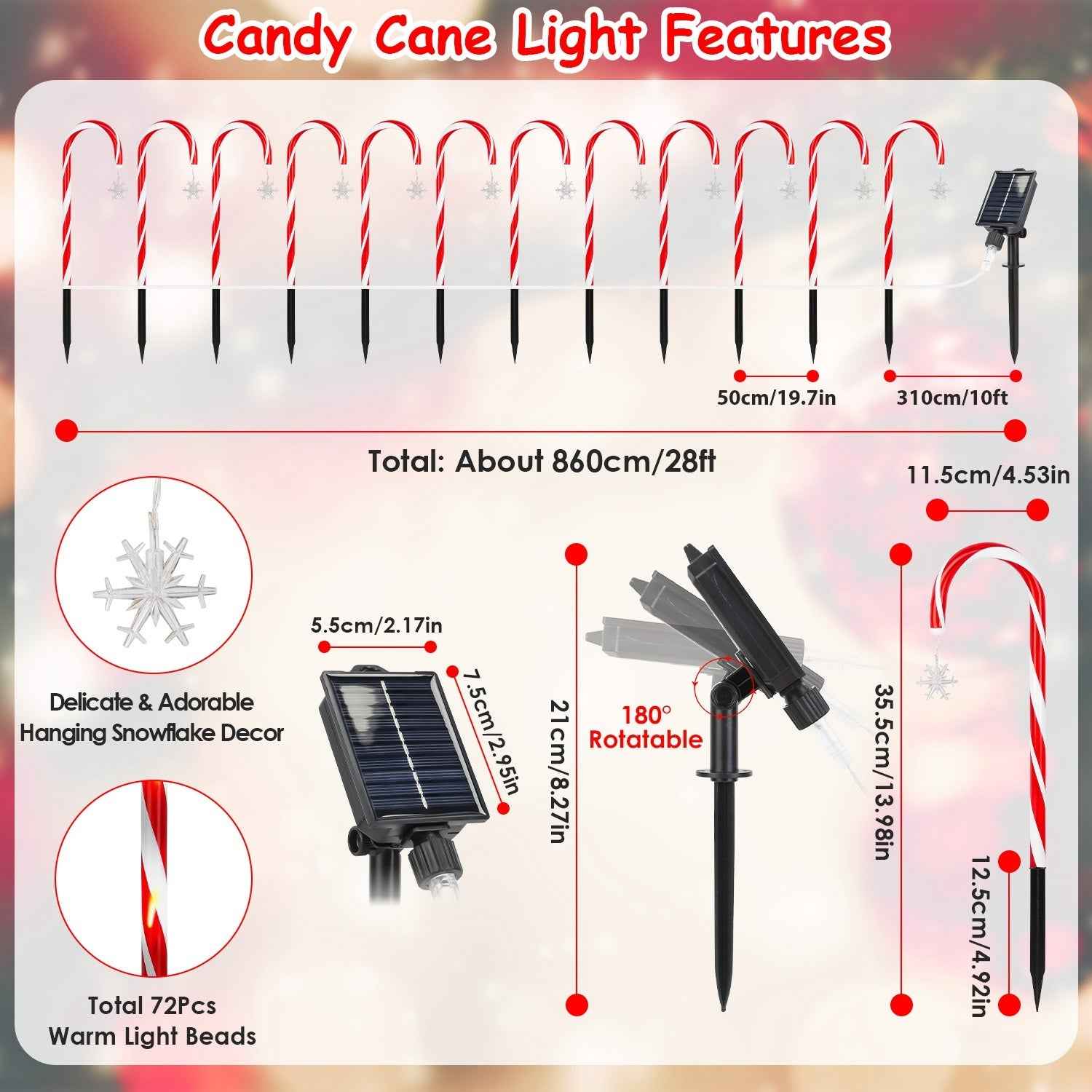 Solar Christmas Candy Cane Lights - 12 Candies 72LEDs IP44 Waterproof 8 Modes - DropOnline.co