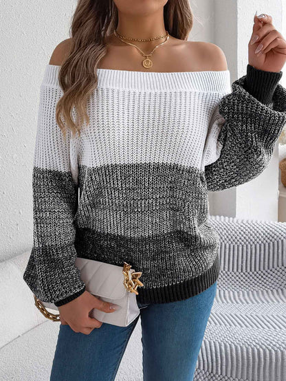 Women Casual Color Block Off-Shoulder Lantern Sleeve Pullover Sweater