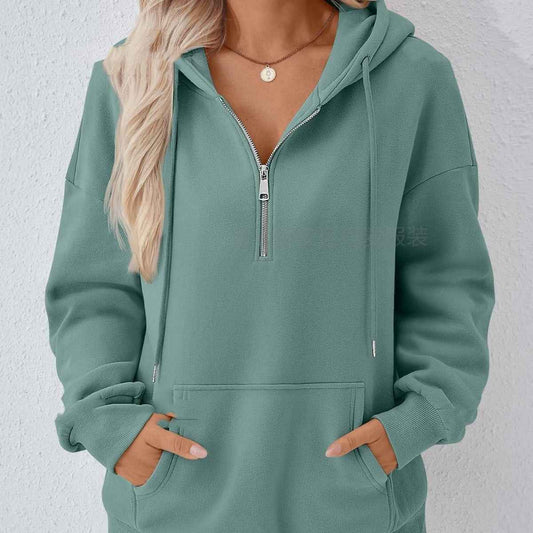 Zip Pocket Solid Color Hooded Sweatshirt