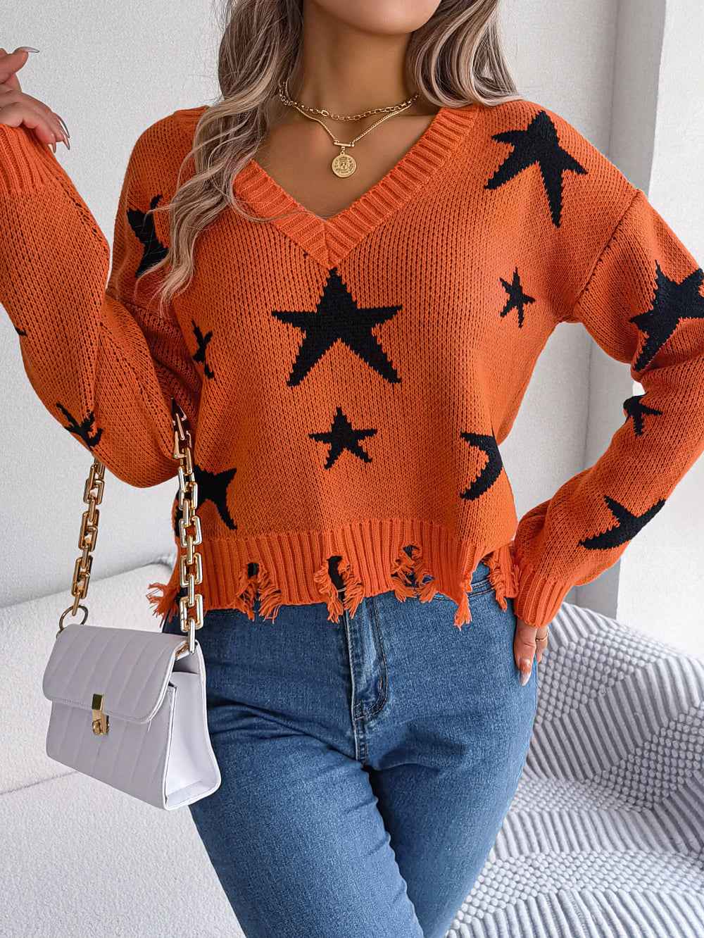 Women Casual V-Neck Star Distressed Long Sleeve Knit Sweater