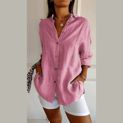 Women's Lapel Long Sleeve Shirt - Single-Breasted Pleated Button-Up - DropOnline.co