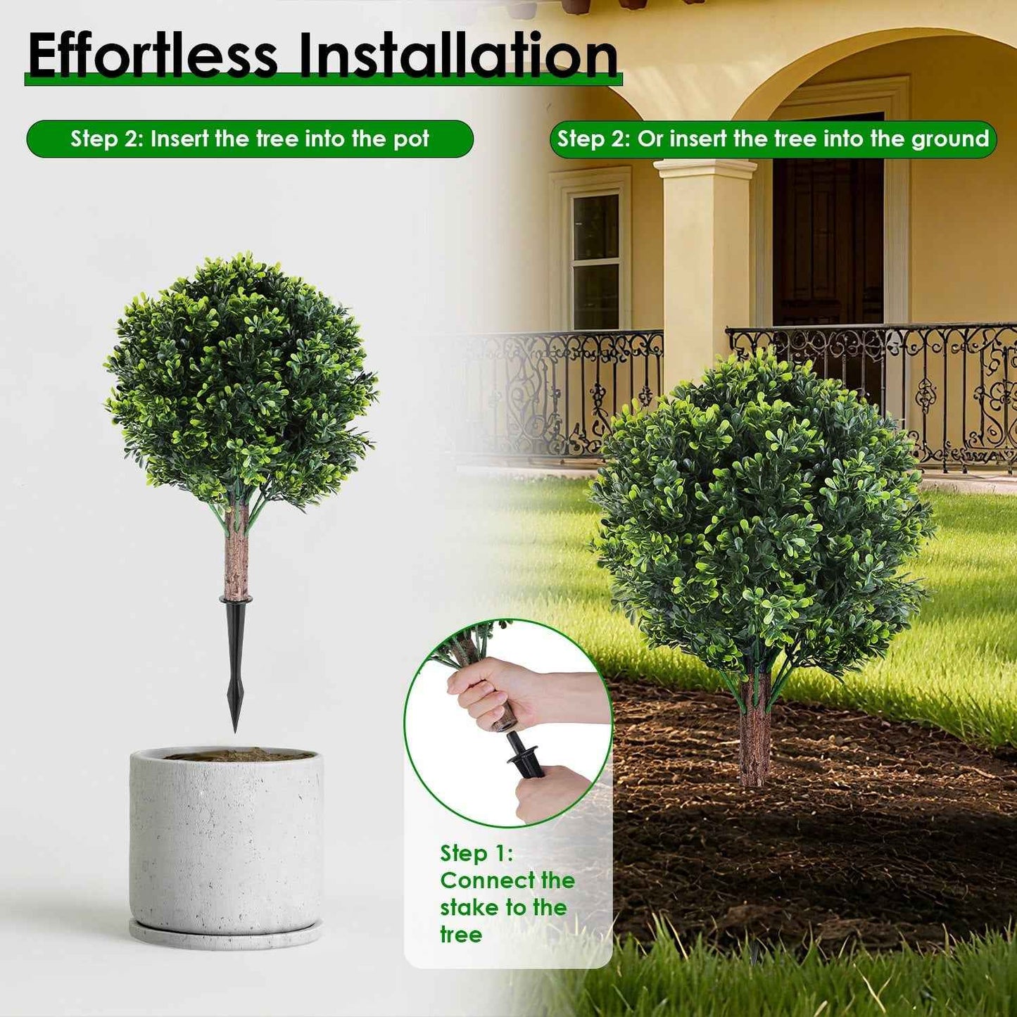 2 Packs Faux Boxwood Ball Trees - Artificial Topiary with Ground Spike