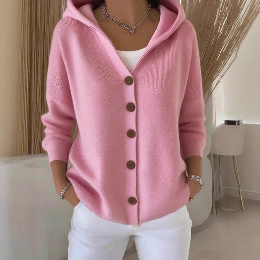 Buttoned Knitted Hooded Sweater - Cozy Women's Cardigan with Hood