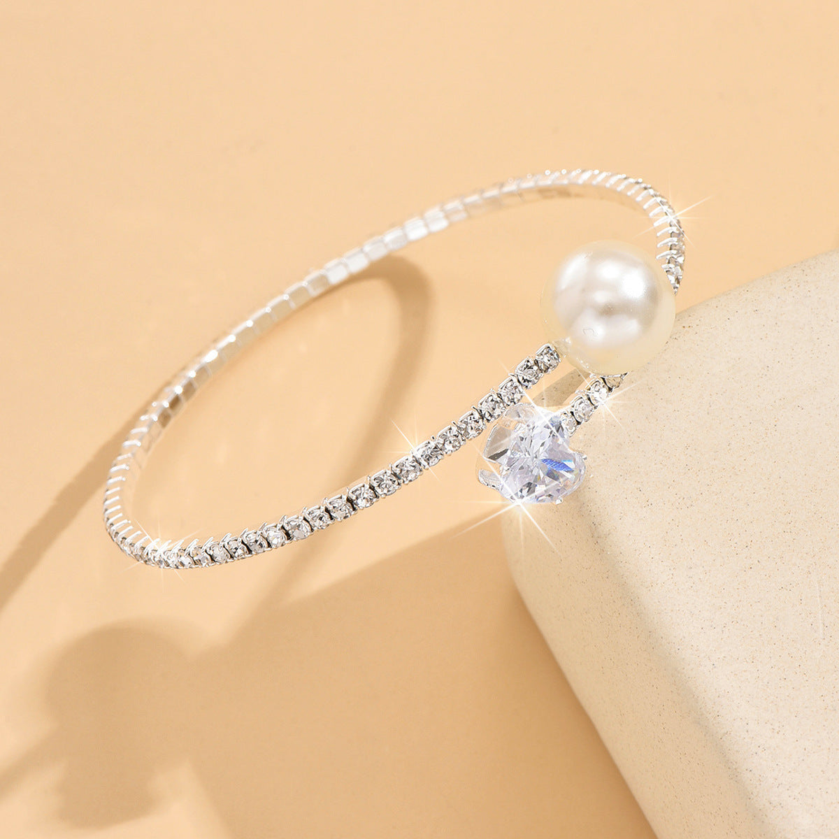 Women's Pearl Heart Full Diamond Bracelet Elastic Jewelry