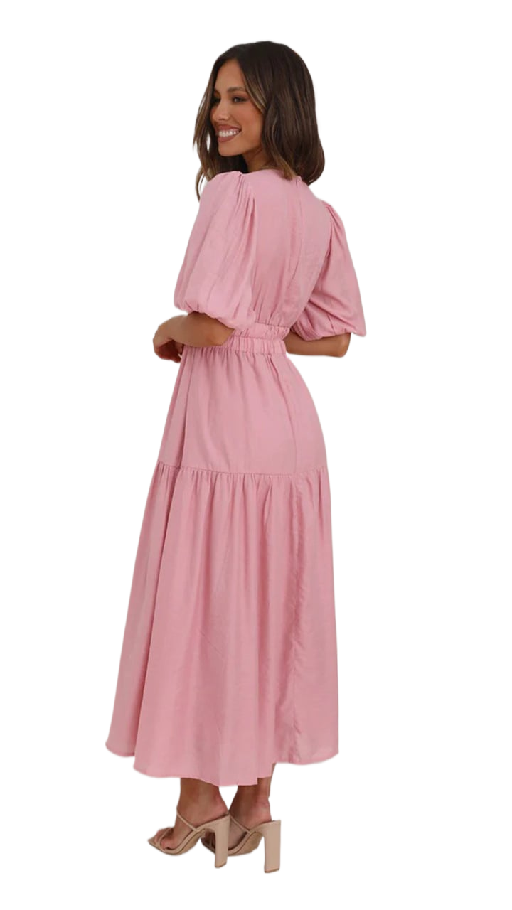 Deep V Puffed Sleeve Vacation Dress - Romantic Resort Style for Women