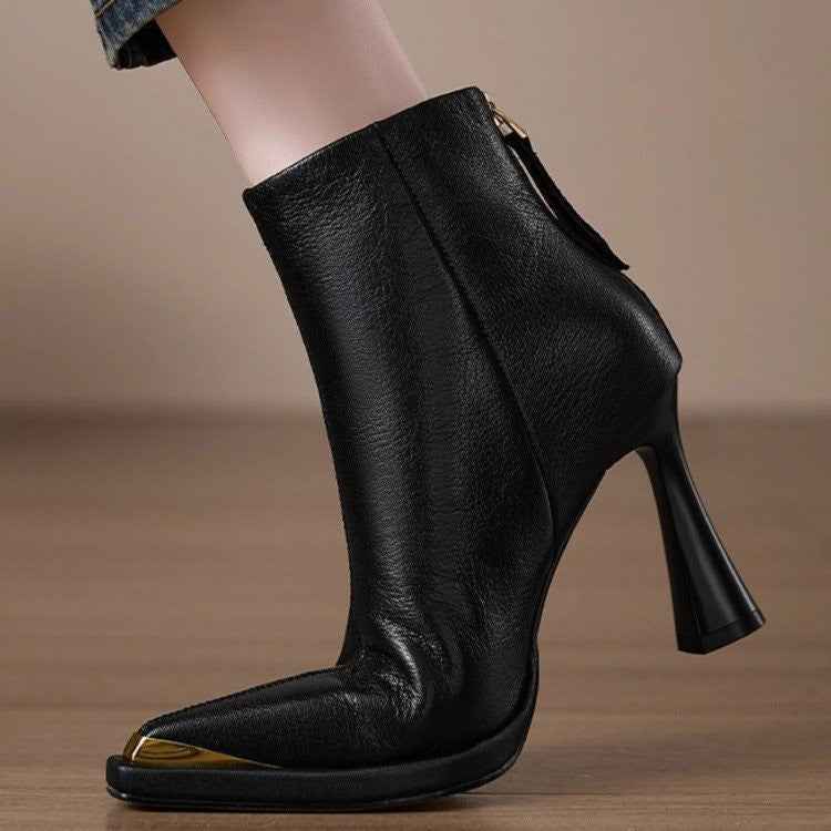 AutumnWinter Europe New Pointed Toe Chunky Heel Side Zip Boots For Women
