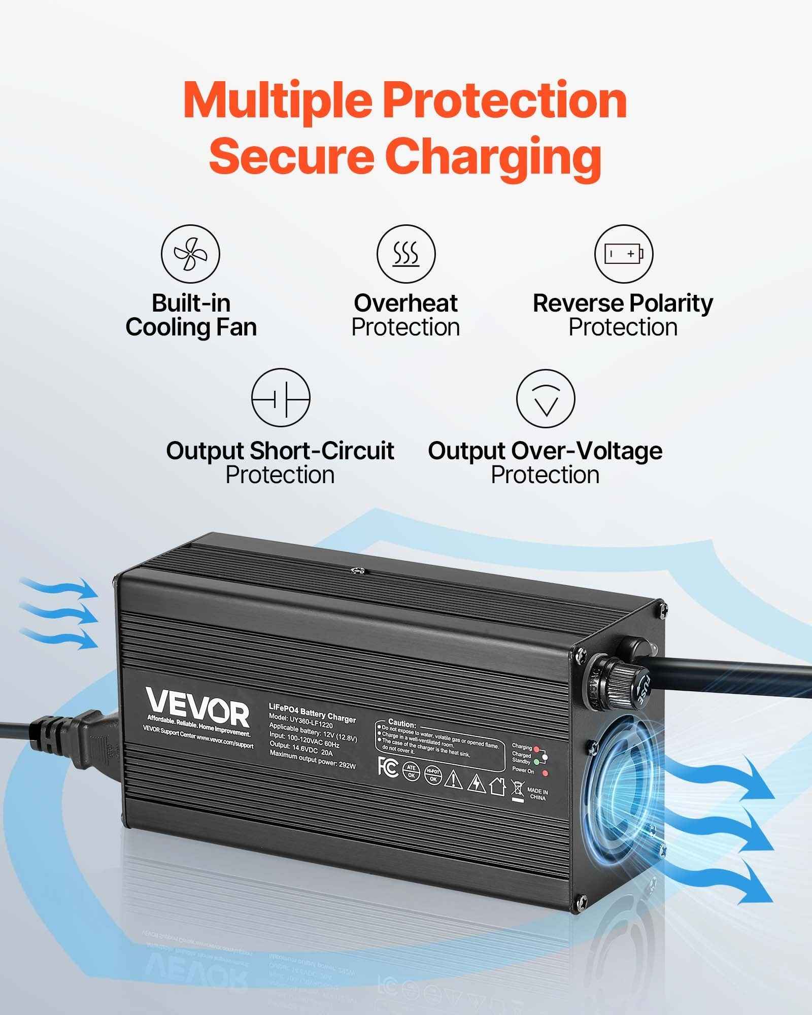 12V 20A Lithium Battery Charger 14.6V AC-DC LiFePO4 Smart Charger For RV