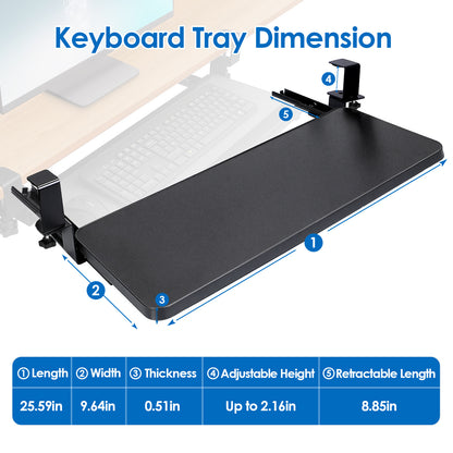 1Pc 25.59x9.64x0.51in Keyboard Mouse Tray Under Desk Retractable Slide Out Drawer Height Adjustable With C Clamp 55LBS Load - DropOnline.co