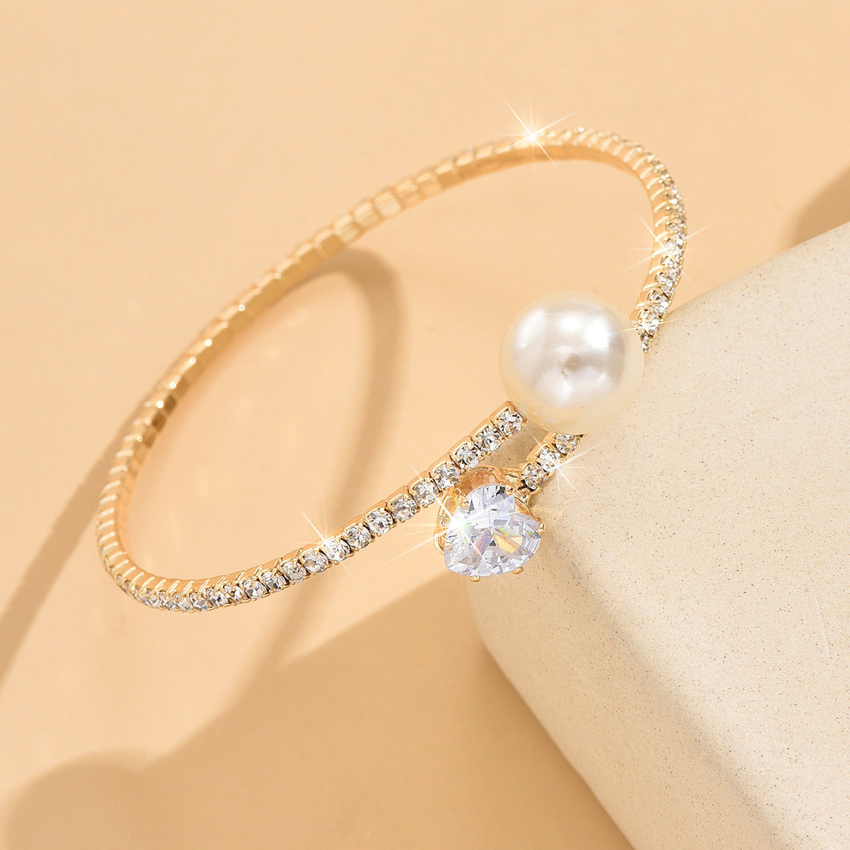 Women's Pearl Heart Full Diamond Bracelet Elastic Jewelry