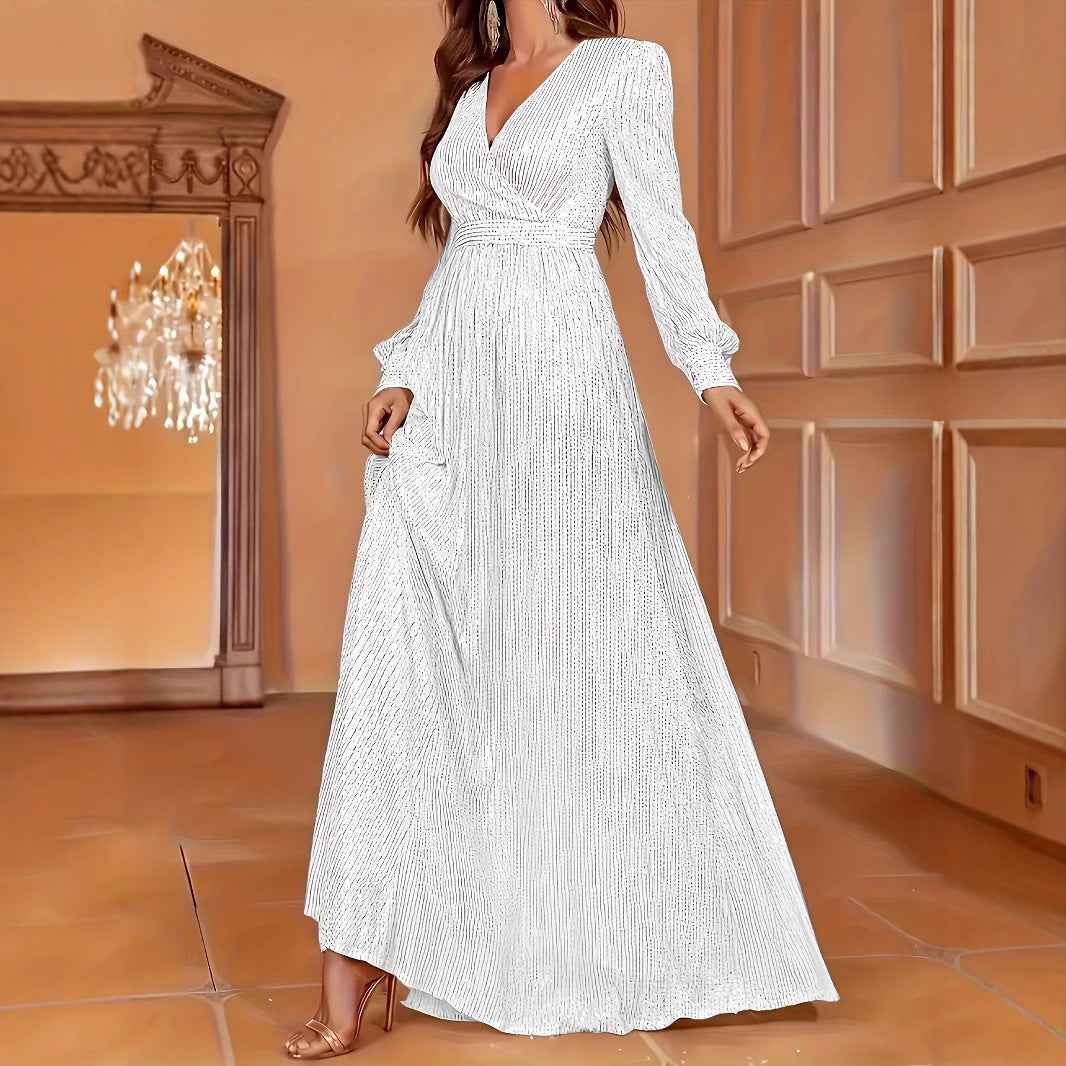 Elegant Dinner Sequined Long Sleeve V-neck High Waist Evening Dress