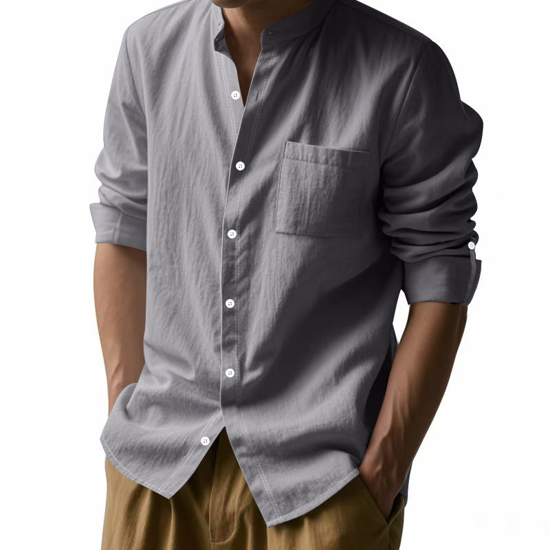 Men's Long Sleeve Stand Collar Shirt with Pockets - Casual Button-Up Top