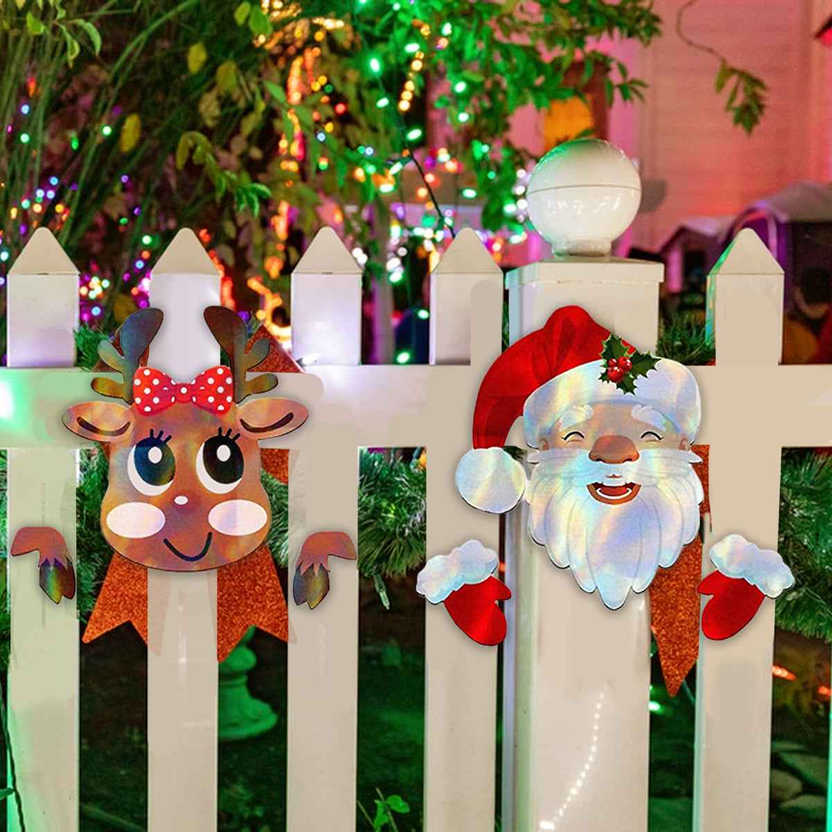 Christmas Fence Peeker Decoration - Peeking Santa & Elk with Stickers for Outdoor Display - DropOnline.co
