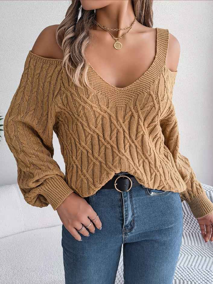 Women Casual Solid Color Cable Knit Off-Shoulder Lantern Sleeve Sweater