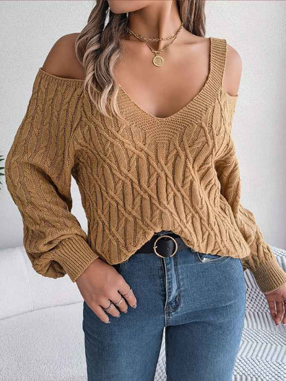 Women Casual Solid Color Cable Knit Off-Shoulder Lantern Sleeve Sweater