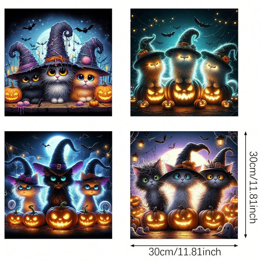 4-Piece Black Cat Diamond Painting Set - 12x12 Inch Full Drill DIY Gem Art for Beginners