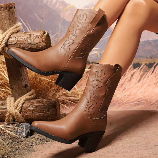 British Style Chunky Heel Mid-calf Pointed Toe Plus Size Ankle Boots