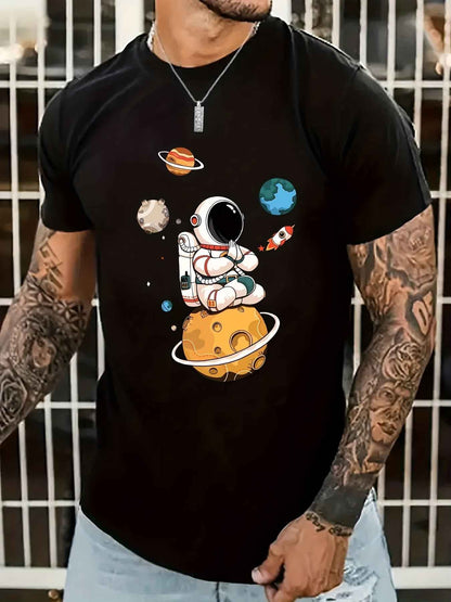 Astronaut & Planet Print T-Shirt - Men's Space Theme Graphic Tee
