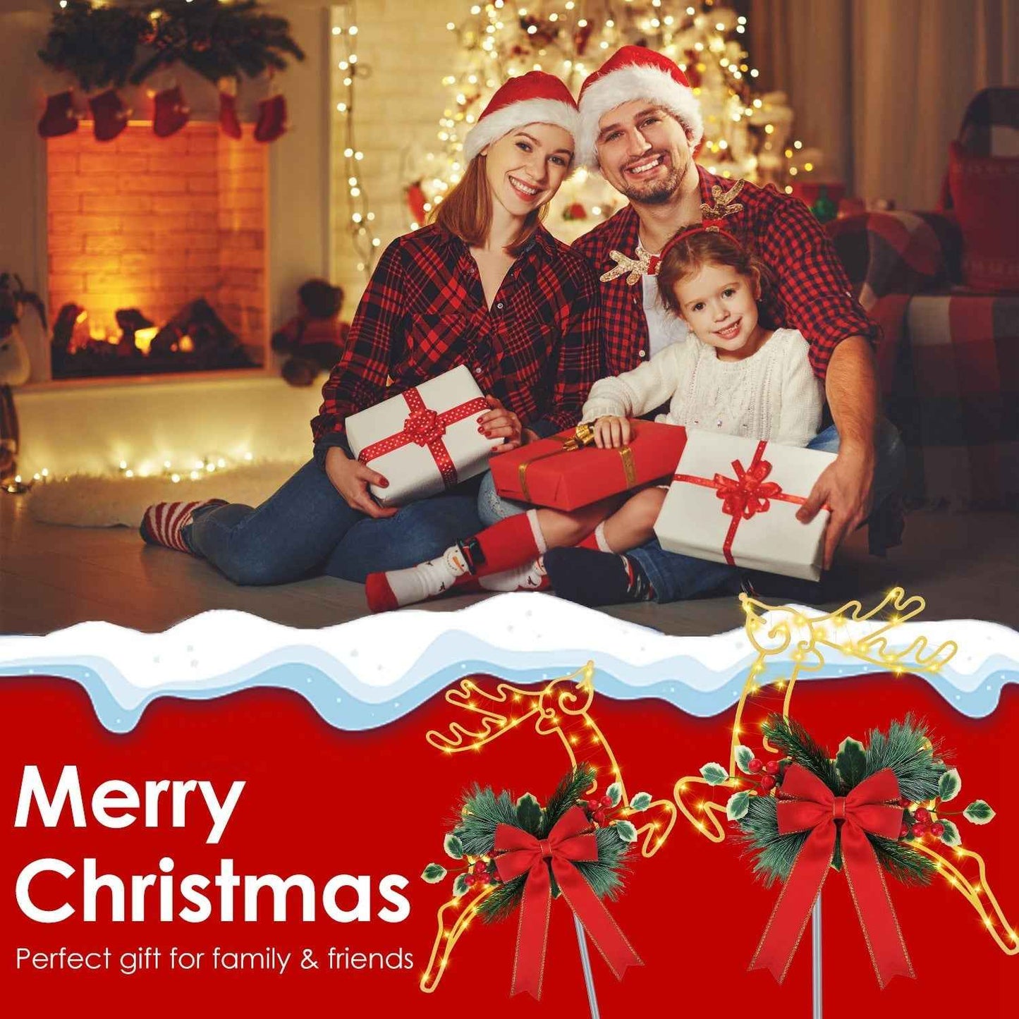 2Pcs Christmas Lighted Reindeer LED Pathway Stake Lights - Battery Powered Outdoor Decor