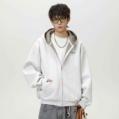 Houndstooth Contrast Color Inner Hooded Sweater Men's Autumn