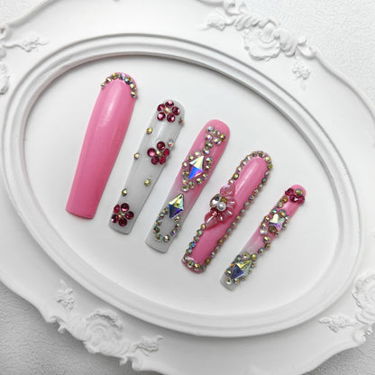 GGddsha 2025 Long Novel Design And Reusable Handmade Nails 10PCS Pmma Acrylic Nails Press OnNails Kit With Box Gifts For Women,Rose Bloom - DropOnline.co