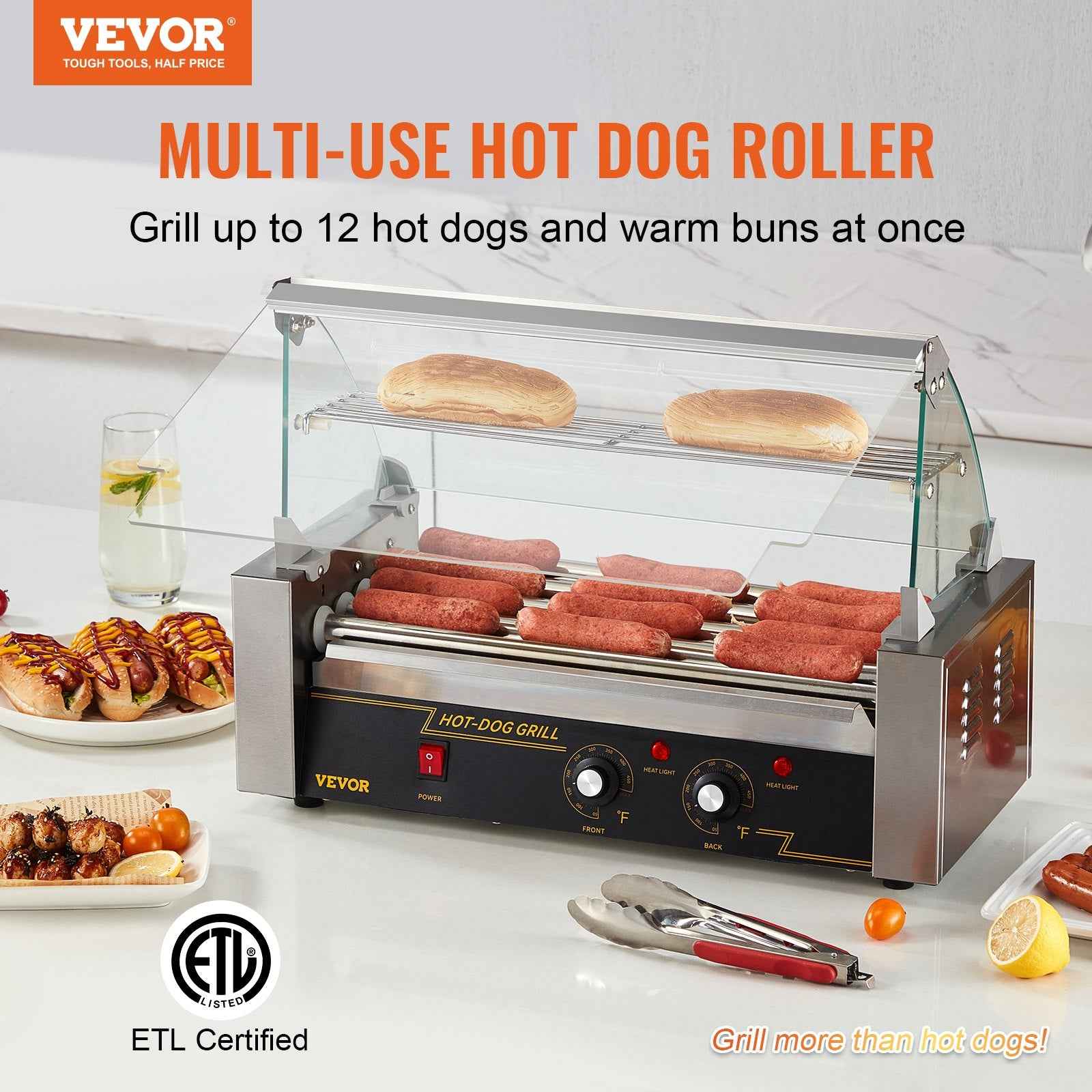 Hot Dog Roller 5 Rollers 12 Hot Dogs Capacity, 750W Stainless Sausage Grill Cooker Machine With Dual Temp Control Glass Hood Acrylic Cover Bun Warmer Shelf Removable Oil Drip Tray ETL Certified