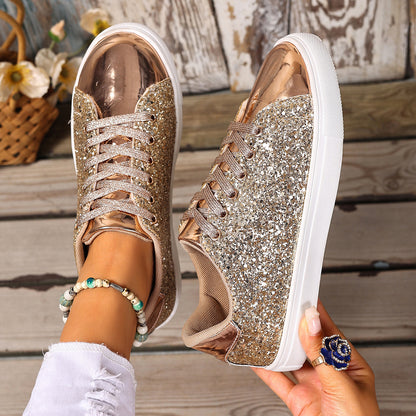 Plus Size Sequined Front Lace-up Solid Color Plus Size Board Shoes - DropOnline.co