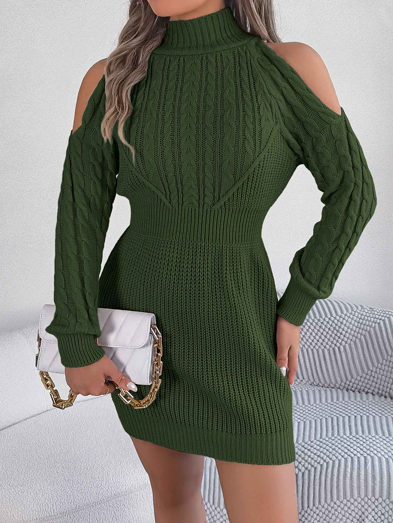 Women Casual Off-Shoulder Half Turtleneck Cable Knit Lantern Sleeve Bodycon Sweater Dress
