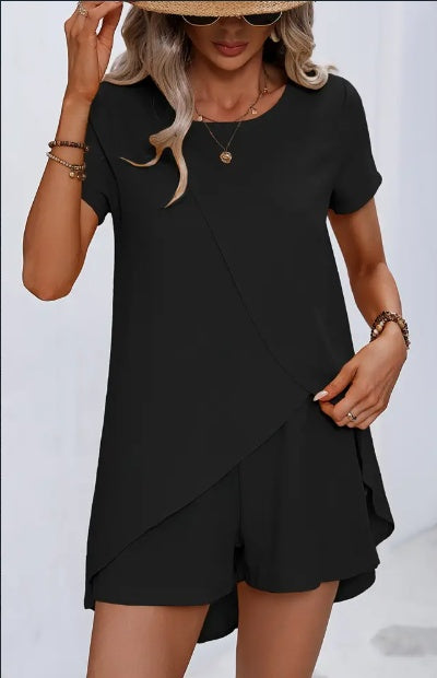 Solid Color Summer Casual Two-piece Set, Asymmetrical Hem Crew Neck Short Sleeve Top & Shorts Outfits, Women's Clothing